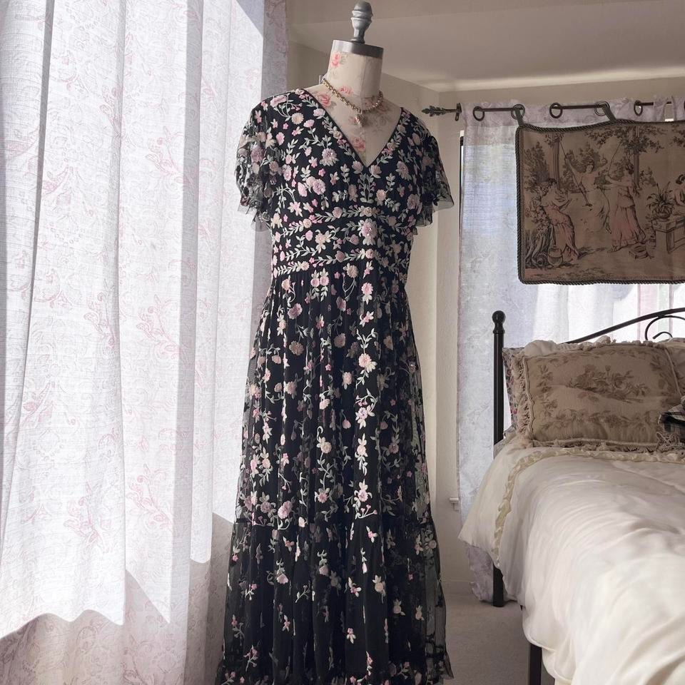 Mac Duggal Black Floral Designer Midi Formal Dress